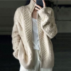 Heavyweight, thickened women's turtleneck zip-up cable knit cashmere cardigan, soft, cozy, loose-fitting short sweater, wool top, coat.