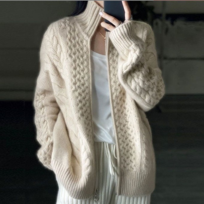 Heavyweight, thickened women's turtleneck zip-up cable knit cashmere cardigan, soft, cozy, loose-fitting short sweater, wool top, coat.