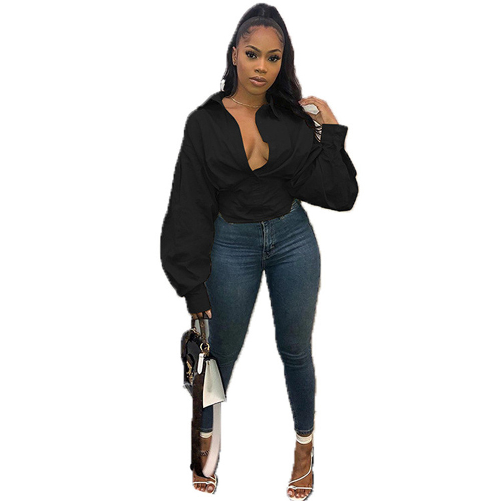 2021 spring and summer new products in Europe and America ebay AliExpress Amazon ladies lapel solid color lantern sleeve loose shirt - Image 6