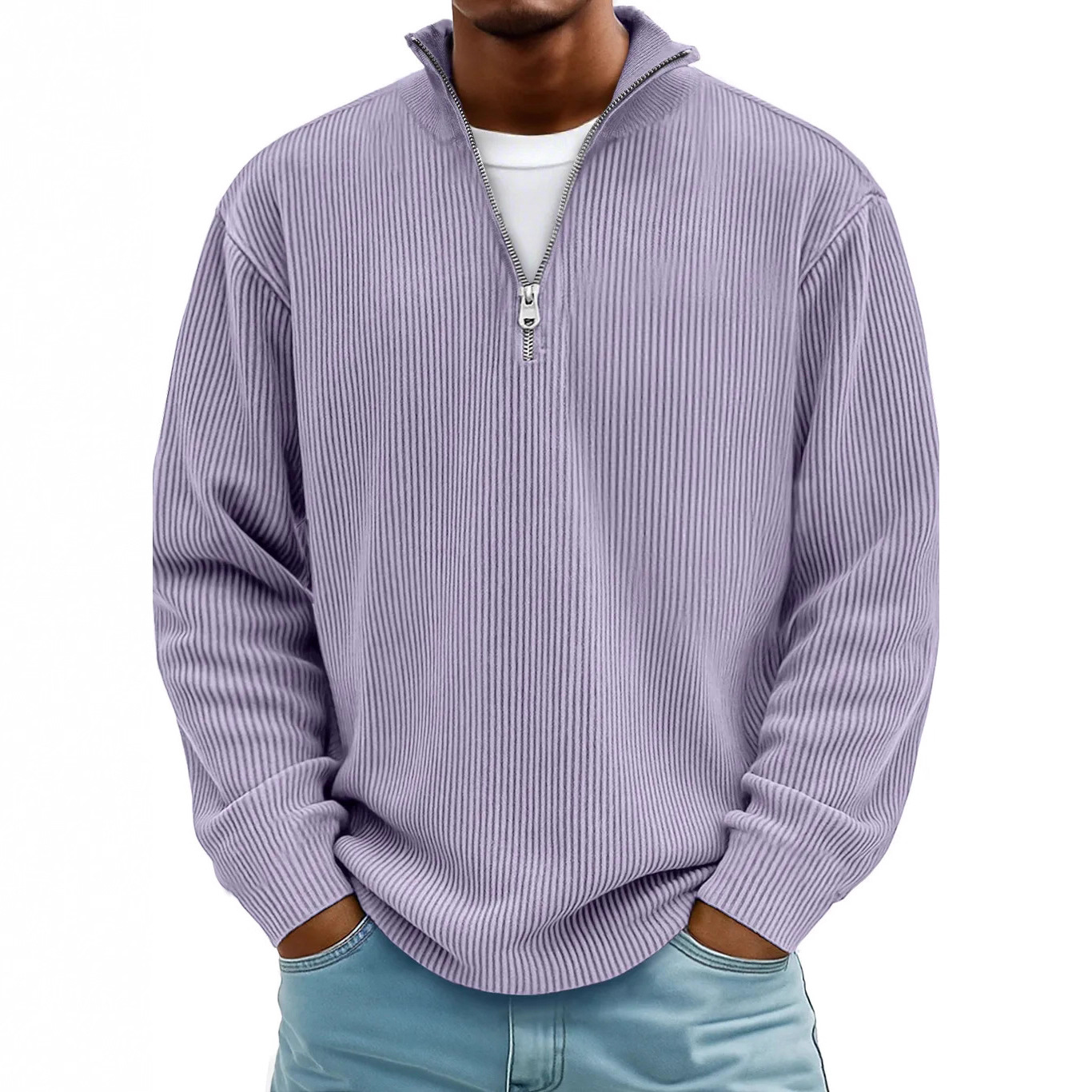 Amazon 2025 Fall/Winter New Men's Casual Stand Collar Zipper Corduroy Long Sleeve Polo Shirt/Sweatshirt - Image 3