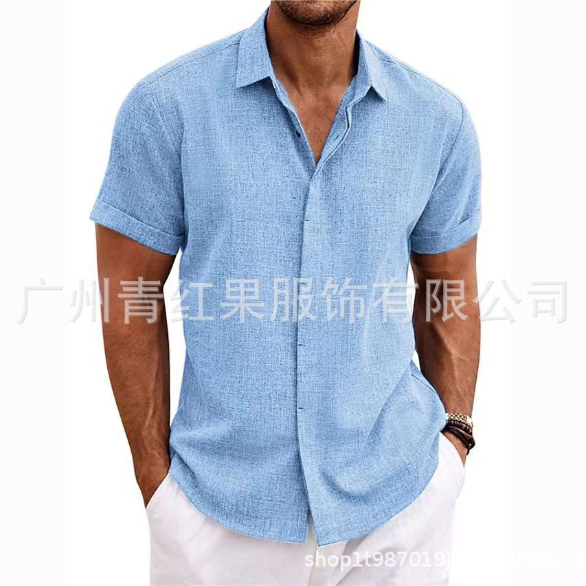 Men's linen short-sleeved T-shirt loose sweatshirt solid color short-sleeved cotton and linen shirt men's beach large size men's short-sleeved shirt - Image 2