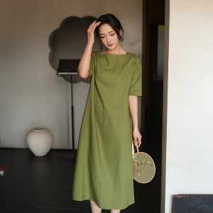 Linen A-Line Dress with Short Sleeves