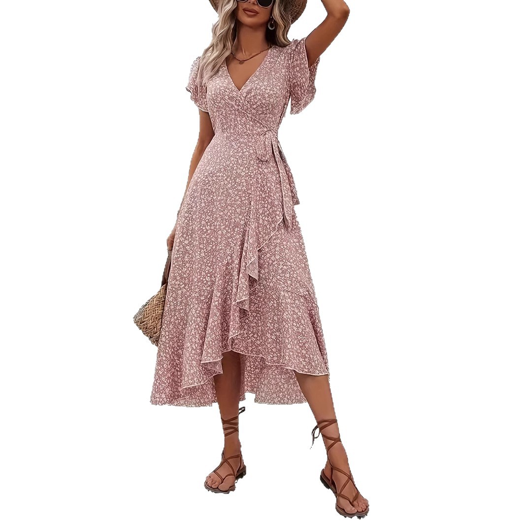 Independent Amazon cross-border e-commerce platform, floral print V-neck cardigan with tie-up short sleeves, bohemian style, full skirt, vacation dress - Image 5
