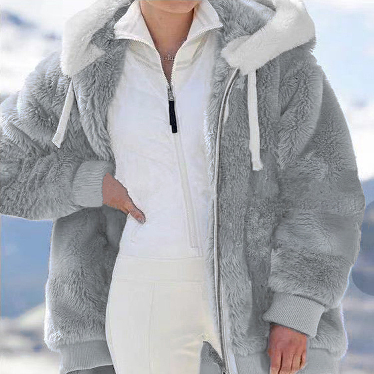 Spot wish independent station 2025 Amazon hot sale new autumn and winter loose plush zipper hooded jacket for women - Image 3