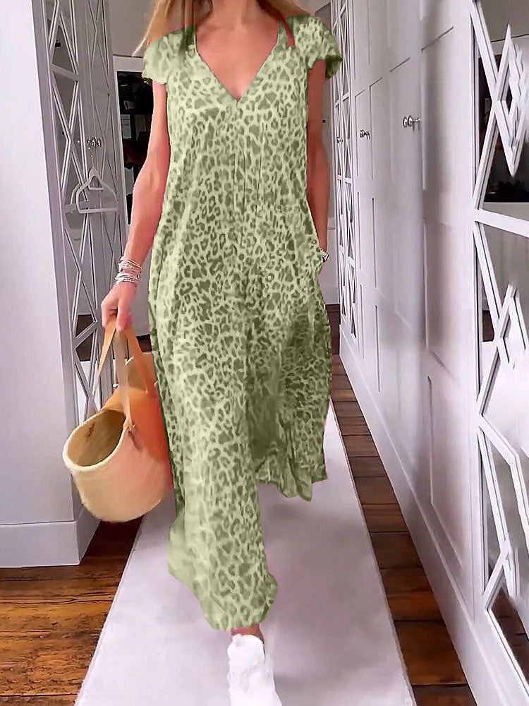 2023 cross-border European and American summer V-neck fashion dress Leopard print dress loose and slim - Image 2