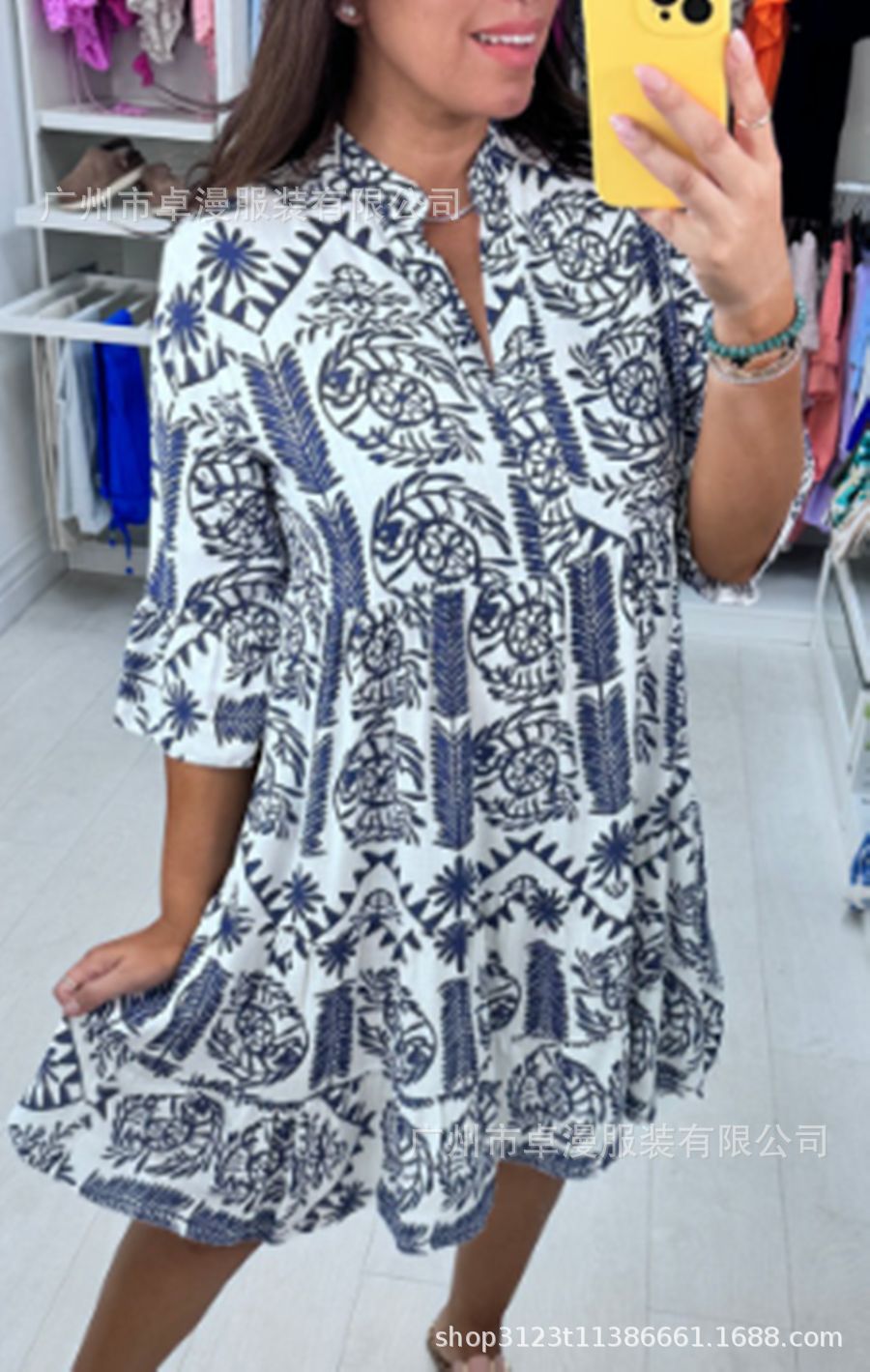 2024 Summer Amazon Independent Station New Women's Shirt Seaside Vacation Digital Positioning Printing Mid-Sleeve Dress - Image 7