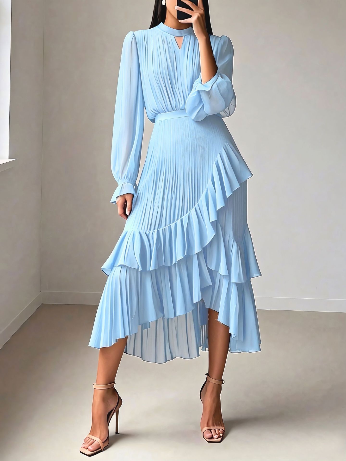 2025 European and American cross-border new solid color dress, Middle Eastern foreign trade ruffled pleated dress, midi skirt, Amazon. - Image 10