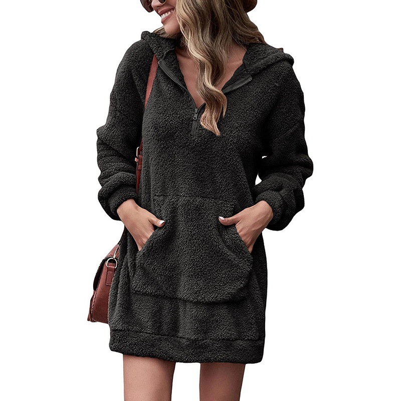 2023 new European and American cross-border autumn and winter women's clothing double-sided fleece hooded loose zipper plush pocket sweater jacket - Image 9