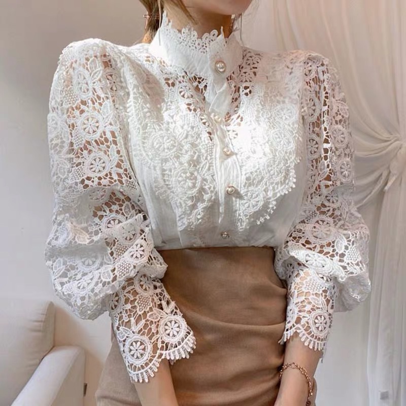 French Loose Chic Button Heavy Industry Lace Hollow Flower Stitching Long Sleeve Stand Collar Shirt - Image 2