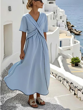 New European and American style summer vacation V-neck women's short-sleeved pleated maxi dress - Image 9