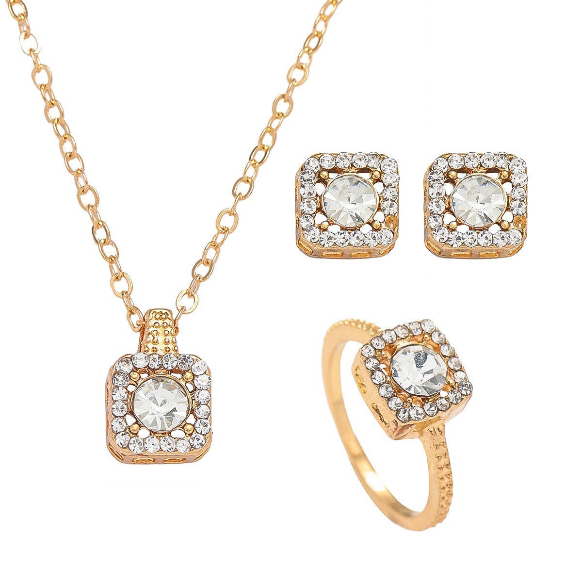 Small sugar cube colorfast pendant necklace, versatile and high-end jewelry set for women, three pieces including earrings and rings. - Image 5