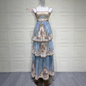 2026 European and American cross-border women's clothing new embroidered print multi-layer retro suspender sexy backless resort style dress