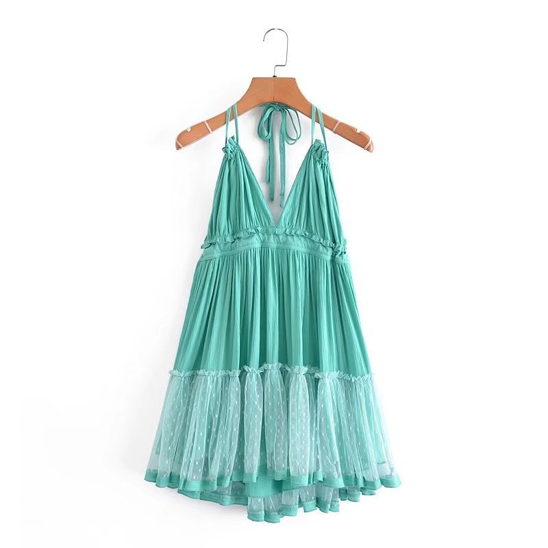 Foreign Trade 2022 Summer New European and American V-neck Waist Slim Hem Mesh Stitching Backless Suspender Dress Women - Image 7