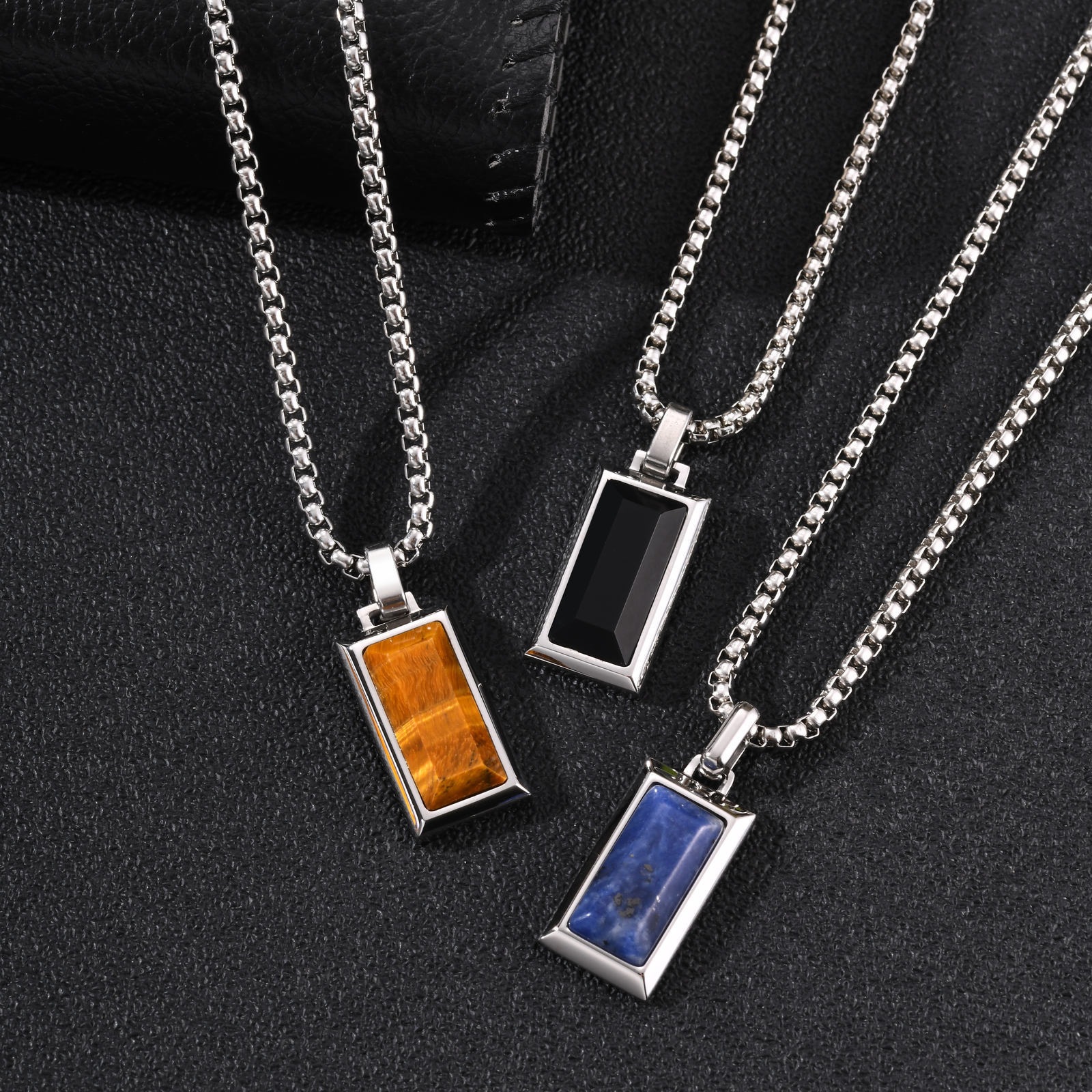 Niche high-end design stainless steel rectangular pendant with black agate natural stone, fashionable retro style, PN2379 - Image 2