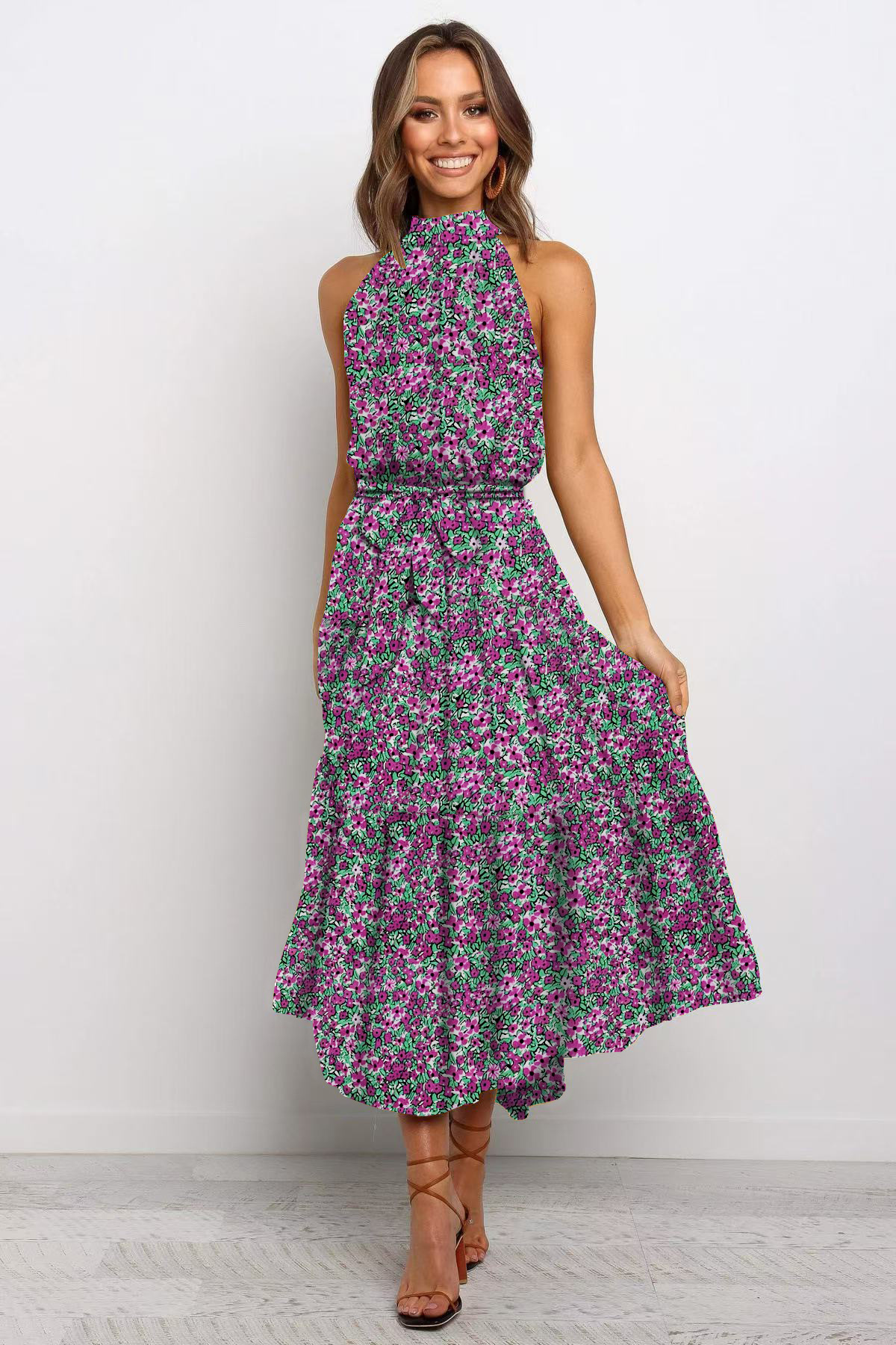 2025 European and American cross-border Amazon women's long skirt foreign trade hot-selling new halter neck polka dot print lace-up dress - Image 8