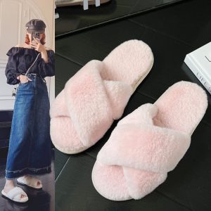 Autumn and winter furry fashion home cross open toe outdoor fur slippers for women flat non-slip cotton slippers warm women's shoes