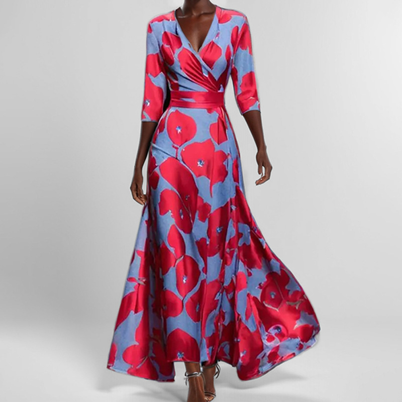 European and American style 2025 new women's fashion, elegant V-neck short-sleeved printed waist-cinching long dress - Image 7