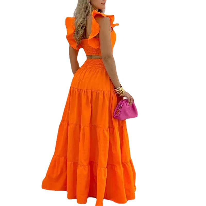 2023 summer European and American cross-border new temperament sexy solid color mid-waist suspenders two-piece suit dress - Image 4