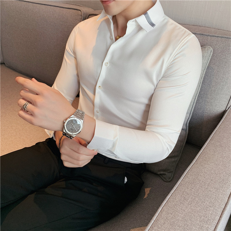 Spring new men's slim shirt collar ribbon shirt Korean style slim striped shirt men's casual shirt - Image 2