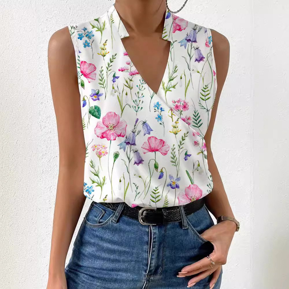 2025 Summer New Women's Printed V-Neck Top/Shirt with European and American French Design for Foreign Trade and Cross-Border Trade - Image 2