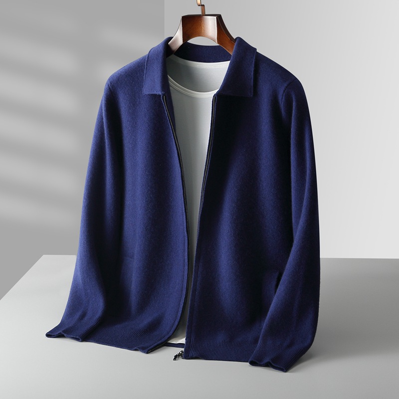 Autumn and winter new Australian wool cardigan men's loose outer wear lapel thickened large size knitted zipper cardigan wholesale - Image 2