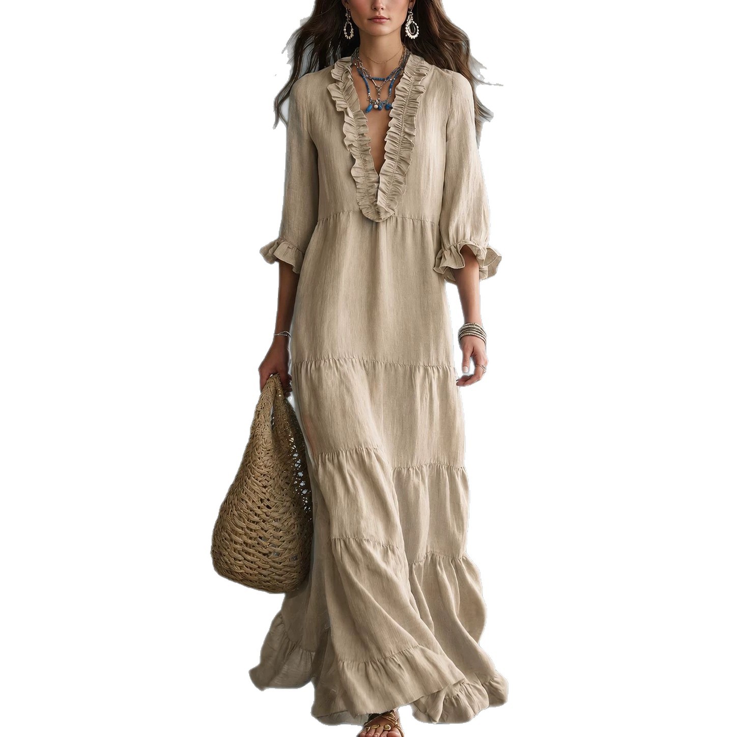 European and American cross-border Amazon TK women's bohemian V-neck layered casual flowy long ruffle dress - Image 5