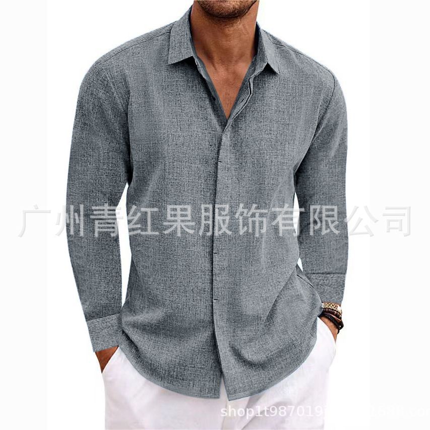 Men's linen long-sleeved T-shirt loose sweatshirt solid color long-sleeved cotton and linen shirt men's large size men's shirt - Image 4