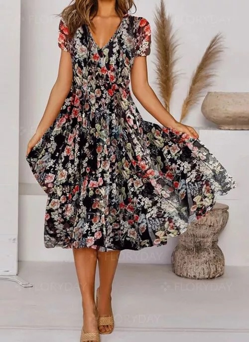European and American cross-border women's clothing AliExpress Amazon independent station personalized flower printing V-neck short-sleeved dress - Image 10
