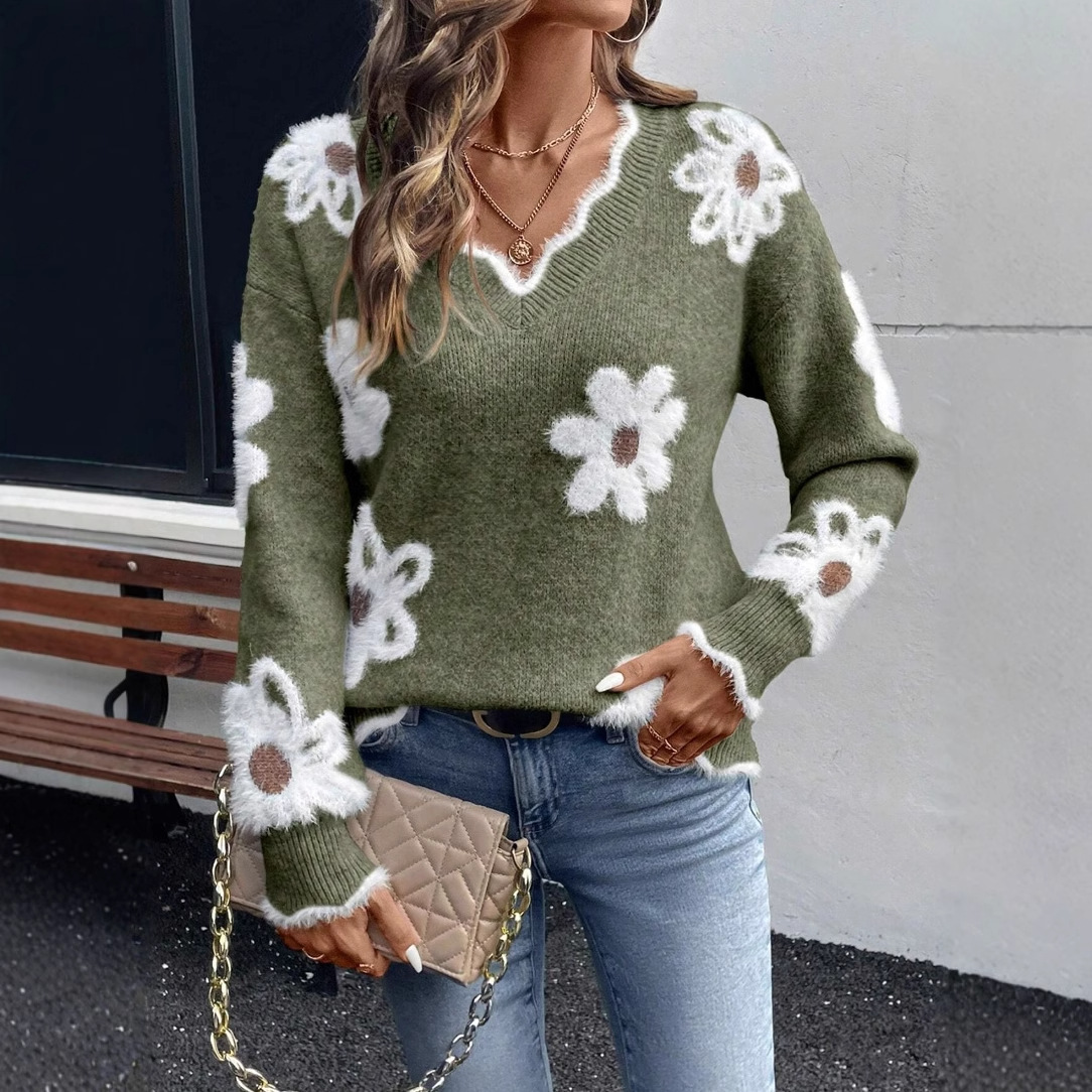 European and American cross-border women's sweater, popular style, elegant floral jacquard knit sweater, V-neck sweater - Image 3