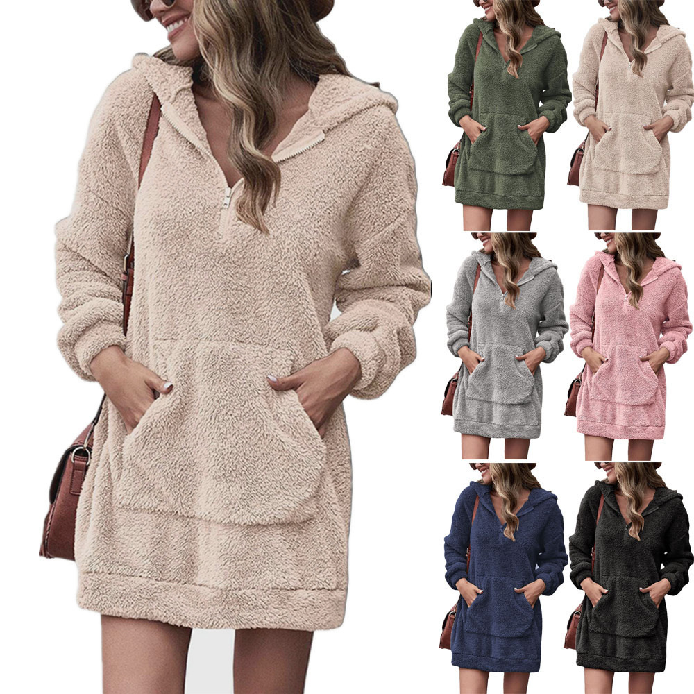 2023 new European and American cross-border autumn and winter women's clothing double-sided fleece hooded loose zipper plush pocket sweater jacket - Image 3