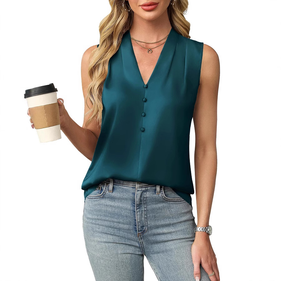 2025 European and American cross-border women's clothing, Amazon Spring/Summer new style elegant satin button V-neck sleeveless top, in stock. - Image 5