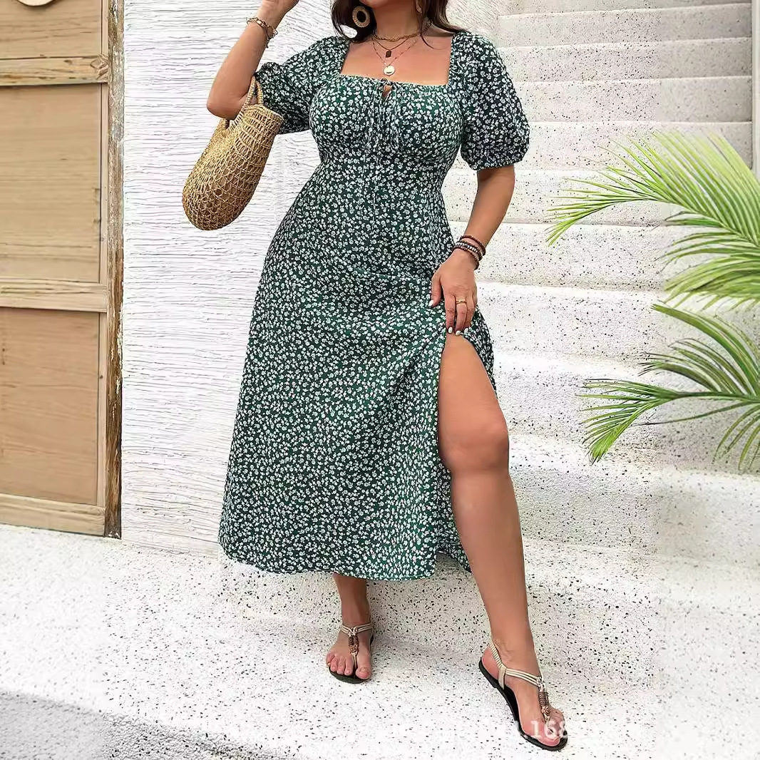 2025 new Amazon AliExpress European and American plus size women's clothing plus size temperament slim split floral dress summer - Image 4