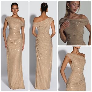 One-Shoulder Rhinestone Fishtail Gown
