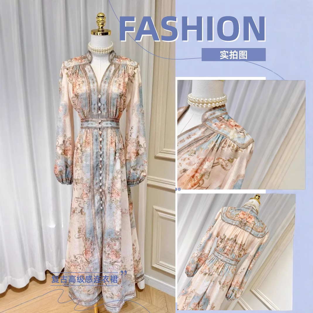 Z brand cross-border trade printed stand collar long-sleeved dress for women, puff sleeve waist-cinching cotton and linen vacation dress.
