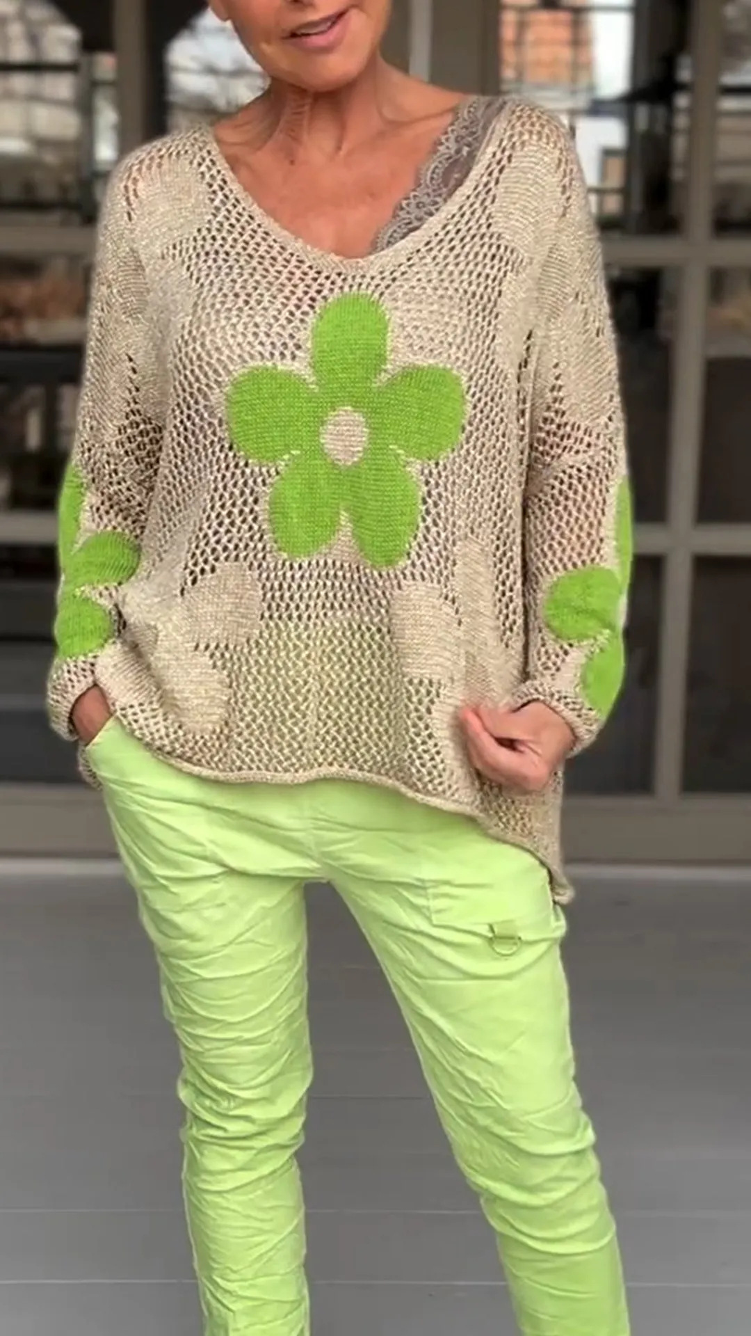 Spot 2024 Spring and Summer New Floral Knitted Hollow V-neck Shirt Flower Grid Knitted Sweater - Image 7