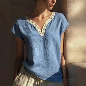 2026 New Cross-Border European and American Style Elegant Bohemian Summer Retro Lace V-Neck Blended Cotton and Linen Shirt
