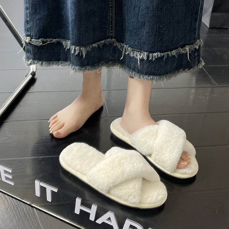 Autumn and winter furry fashion home cross open toe outdoor fur slippers for women flat non-slip cotton slippers warm women's shoes - Image 3