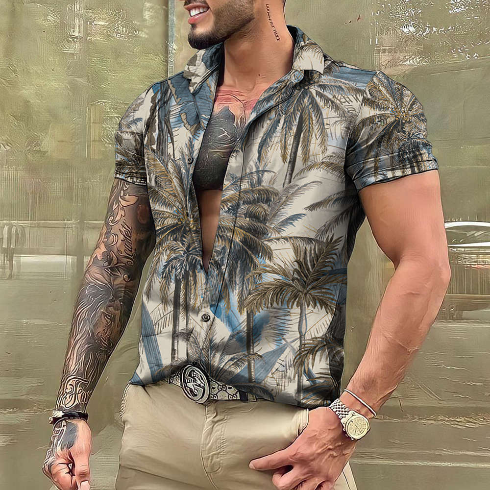 Cross-border foreign trade 2023 men's Hawaiian short-sleeved shirt men's lapel shirt holiday casual T-shirt - Image 16