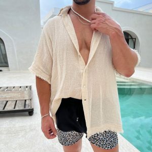 Foreign trade 2023 cross-border men's cotton linen shirt short-sleeved cardigan casual loose T-shirt European and American solid color shirt men