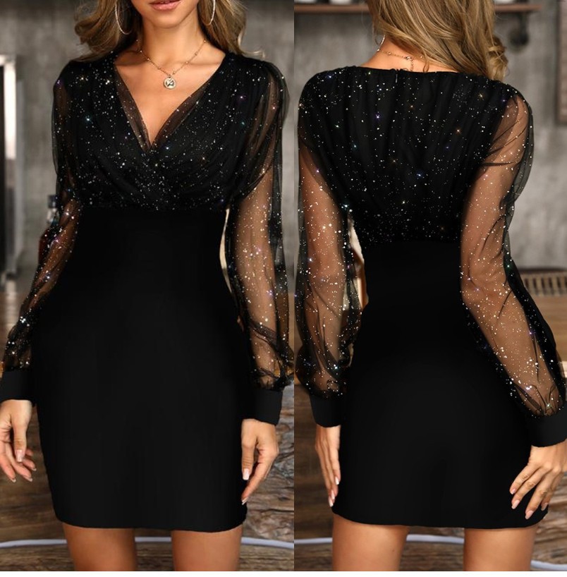 2022 European and American mesh V-neck sequined dress slim sexy dress ready for sale 0.22g - Image 9