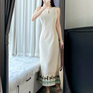 [Changtingwai] Women's Summer New Chinese Style Long Dress with Cotton Linen Embroidery Dress, Slim Fit, Sleeveless Top