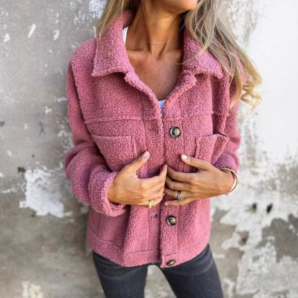 2024 European and American cross-border autumn and winter new lambskin patch pocket single row casual cardigan jacket for women ~ Independent station fast sale - Image 2