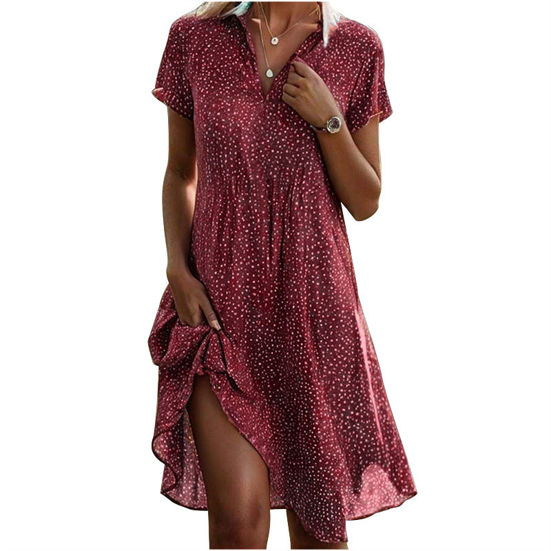 New European and American cross-border trade summer long dress, casual loose V-neck short-sleeved printed polka dot shirt dress for women. - Image 14