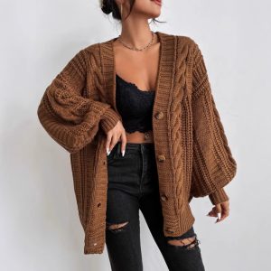 European and American cross-border foreign trade V-neck sweater women's retro style fashion loose cable knit lantern sleeve cardigan knitted cardigan