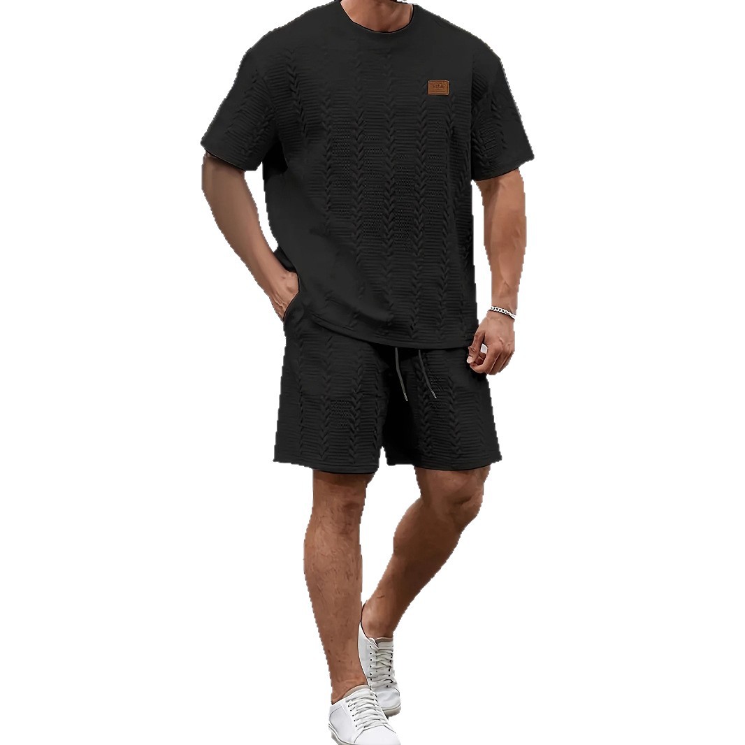 Cross-border European and American style men's solid color patchwork design overseas style summer 2025 knitted casual ribbed short-sleeved two-piece set - Image 7