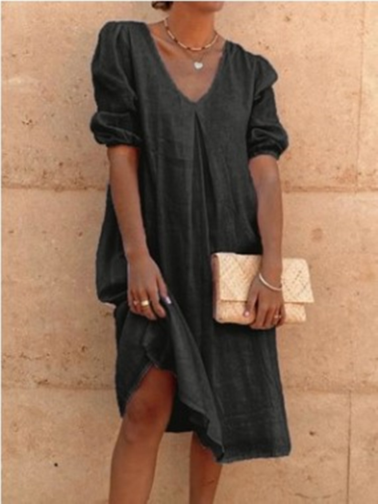 2024 Amazon Wish Cotton Linen Solid Color Mid-Length Sleeve Casual Mid-Length Dress, Elegant Commuter Style, Full Swing - Image 12