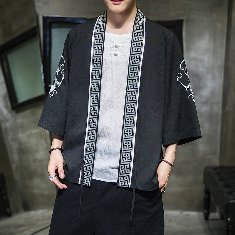 AliExpress new Chinese style round dragon embroidery three-quarter sleeve cardigan Hanfu sunscreen clothing men's Japanese loose jacket men - Image 5