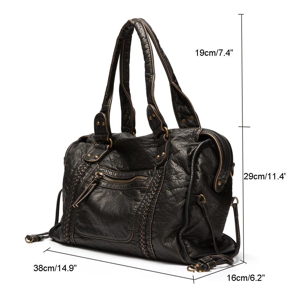 French retro motorcycle bag shoulder messenger bag tote bag large bag women's large capacity bag washed bag soft leather bag European - Image 10