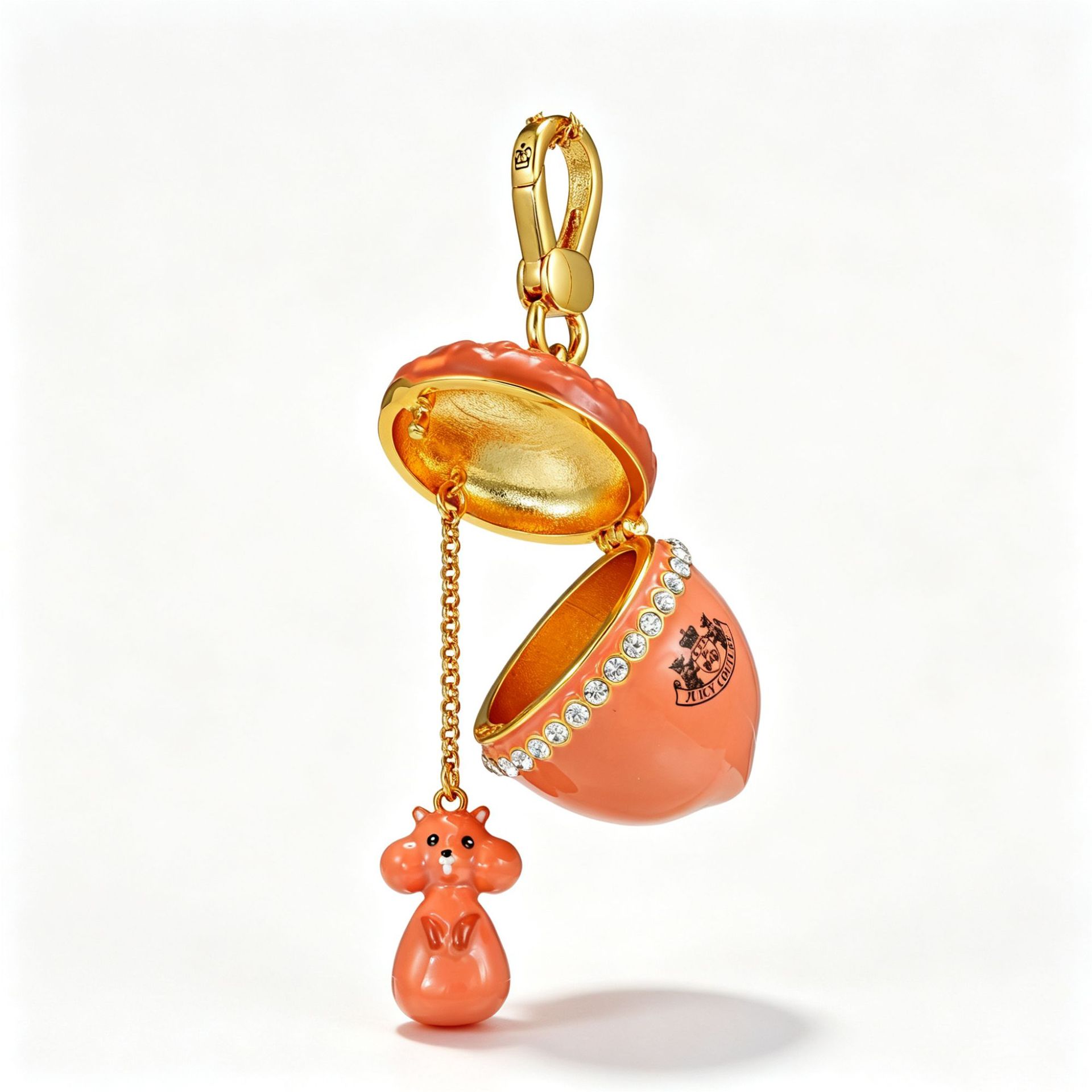Original 3D diamond-encrusted enamel orange nut pendant design with openable squirrel and acorn clavicle chain - Image 6