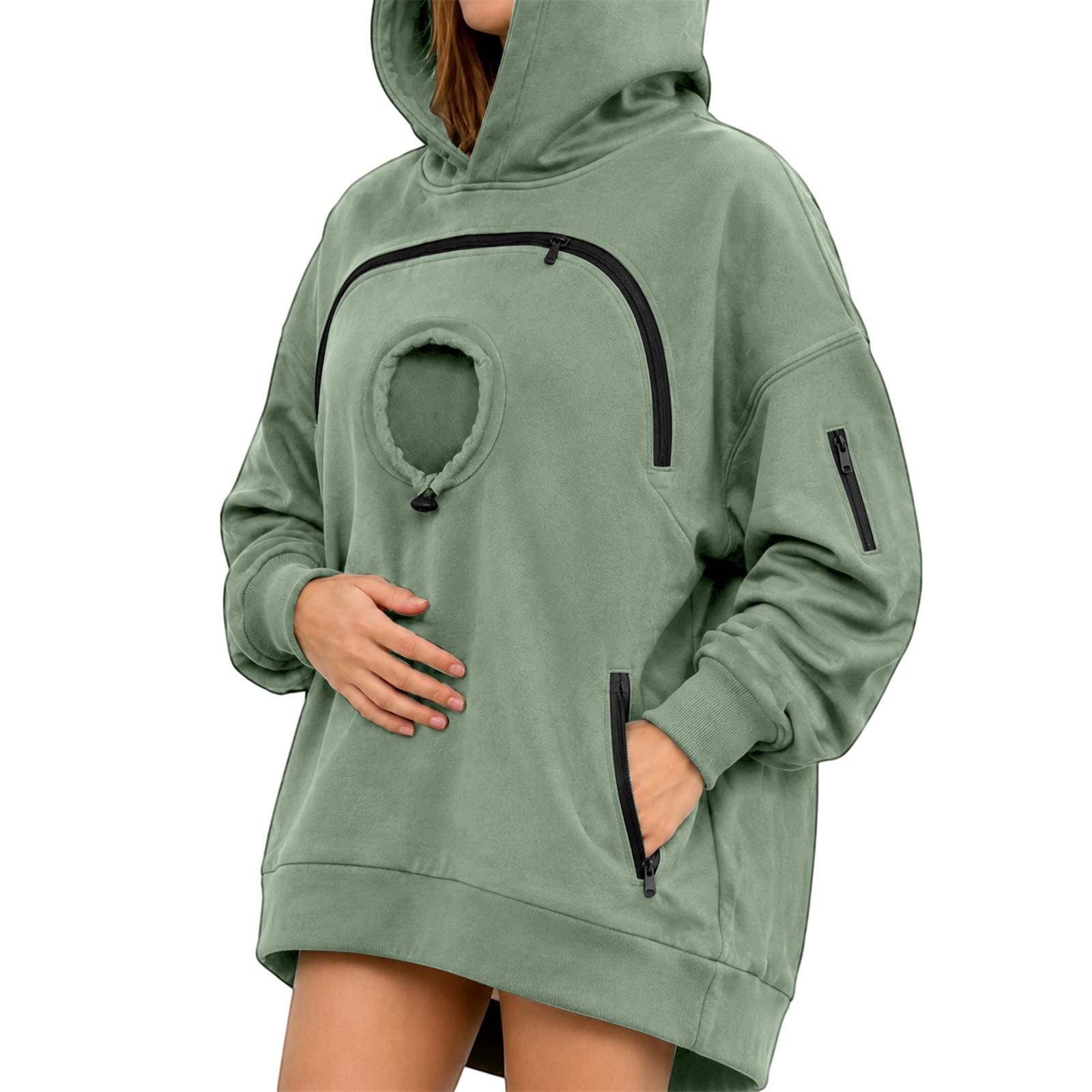 Cross-border women's hooded sweatshirt with pet cat pocket, casual style, long-sleeved hooded fleece-lined top with zipper.